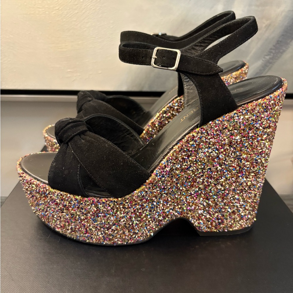 Saint Laurent Candy Glitter Black Suede Wedge Sandals
